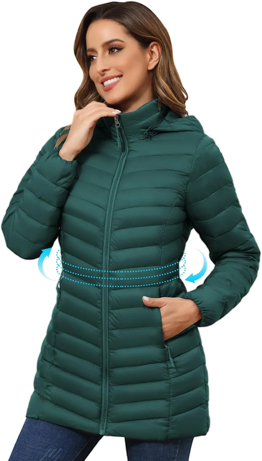 ROYAL MATRIX Women's Packable Puffer Jacket - Lightweight Winter Warm Long Quilted Puffer Coat with Detachable Hood