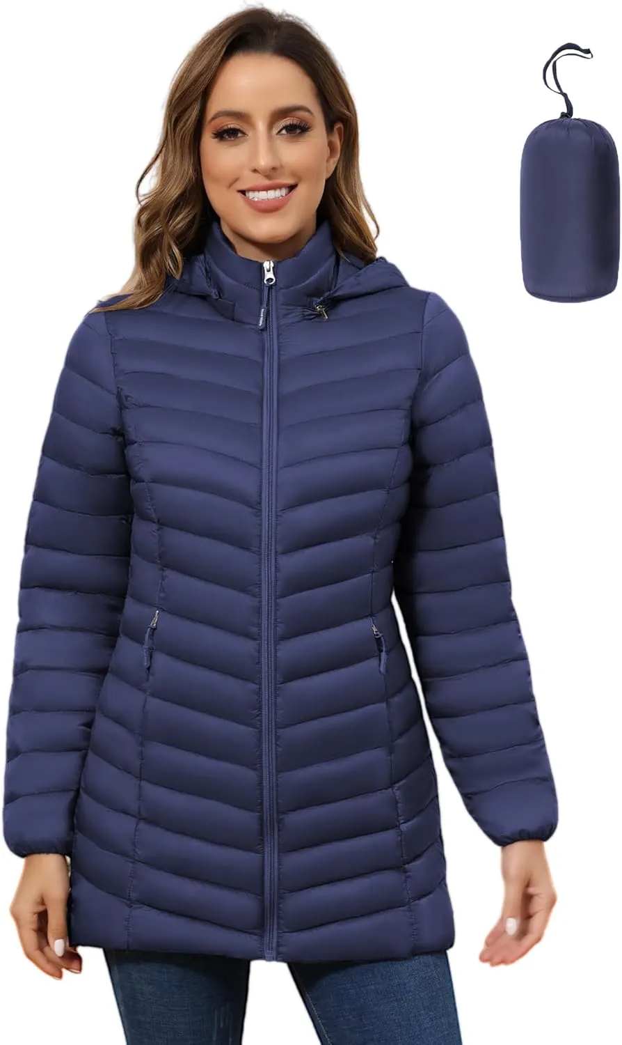 ROYAL MATRIX Women's Packable Puffer Jacket - Lightweight Winter Warm Long Quilted Puffer Coat with Detachable Hood