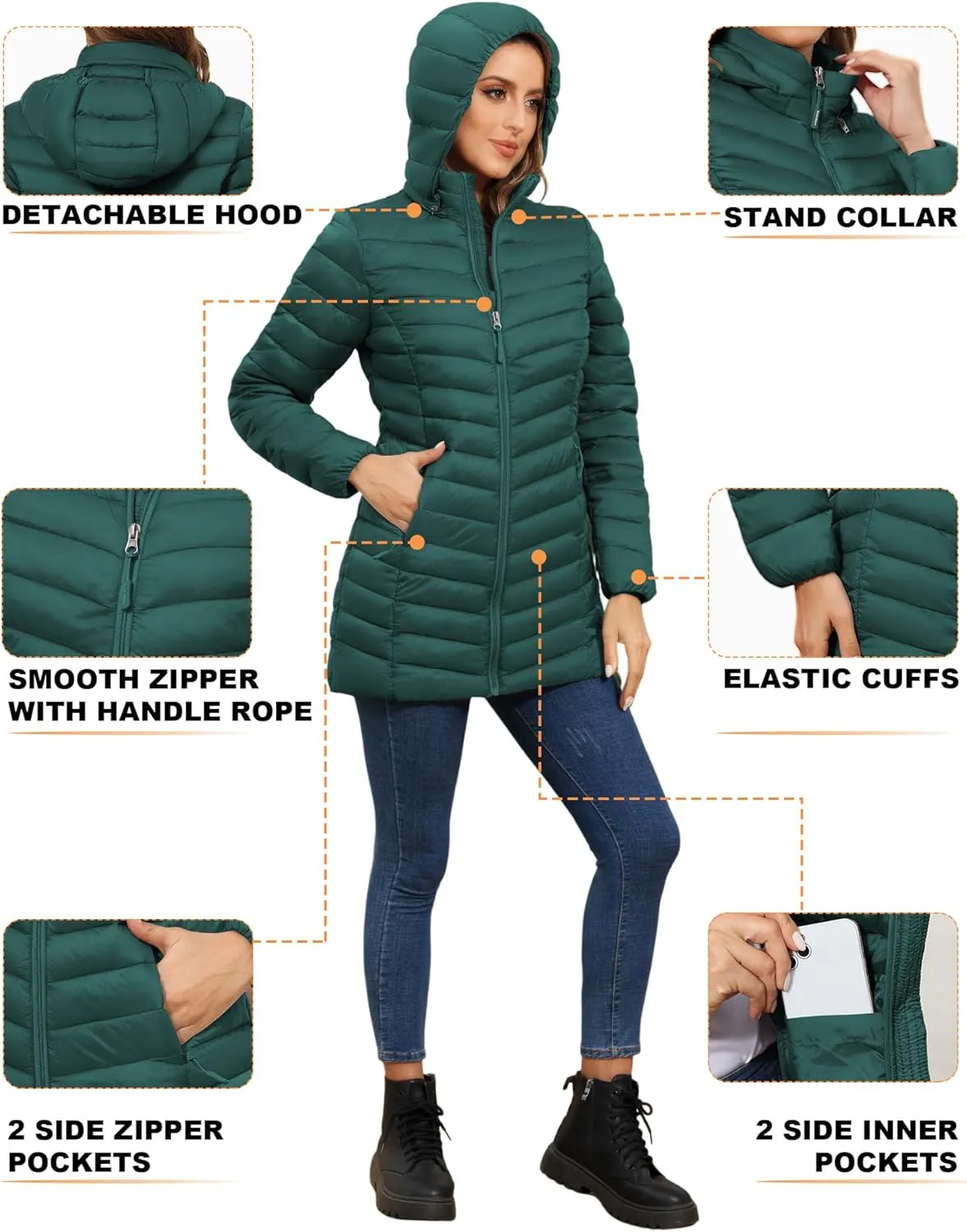 ROYAL MATRIX Women's Packable Puffer Jacket - Lightweight Winter Warm Long Quilted Puffer Coat with Detachable Hood