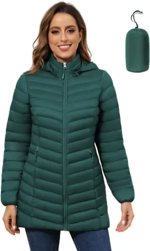 ROYAL MATRIX Women's Packable Puffer Jacket - Lightweight Winter Warm Long Quilted Puffer Coat with Detachable Hood
