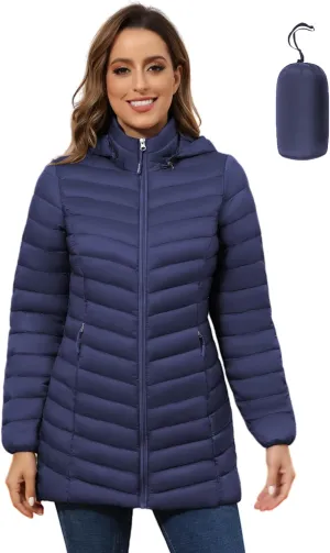ROYAL MATRIX Women's Packable Puffer Jacket - Lightweight Winter Warm Long Quilted Puffer Coat with Detachable Hood