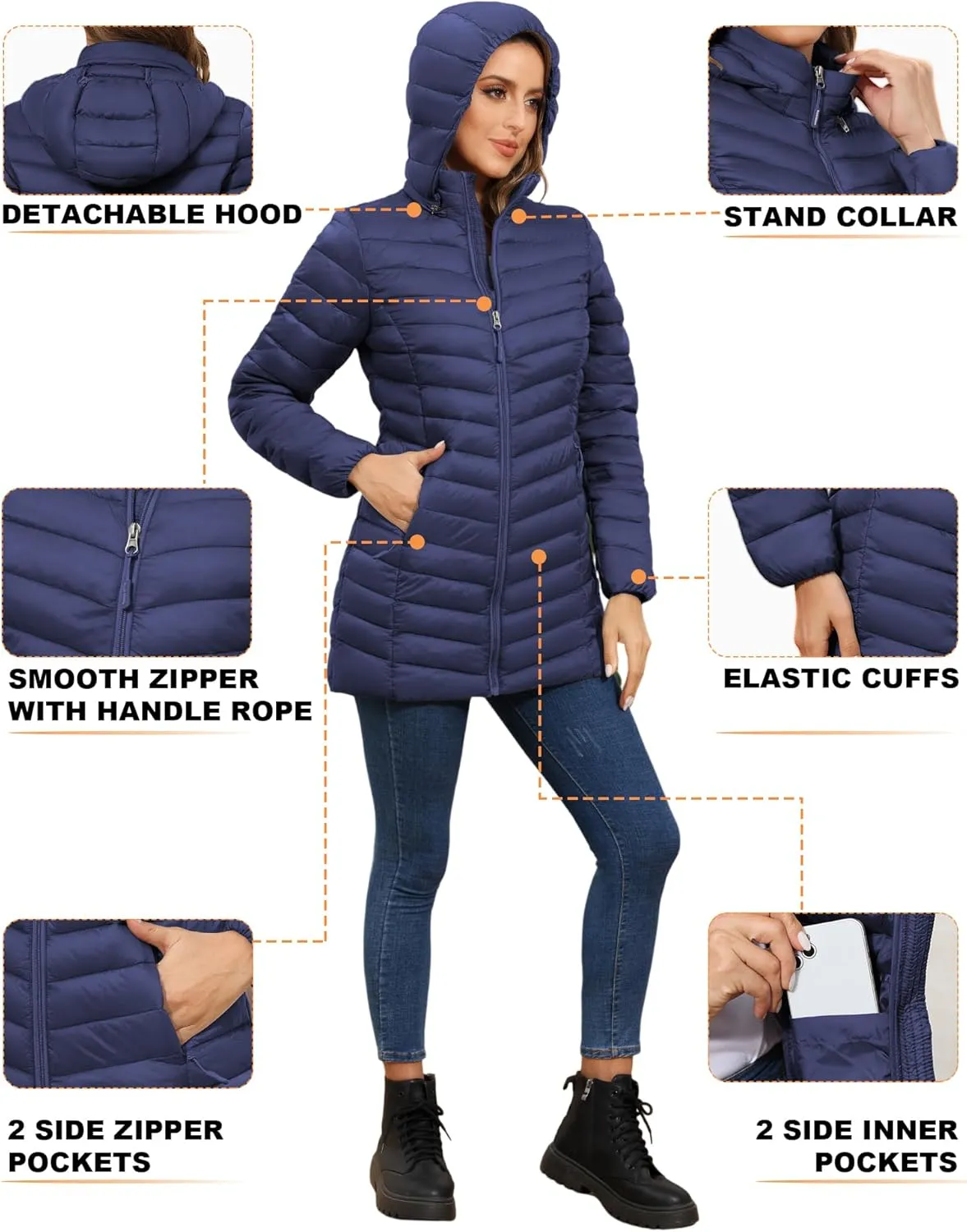 ROYAL MATRIX Women's Packable Puffer Jacket - Lightweight Winter Warm Long Quilted Puffer Coat with Detachable Hood