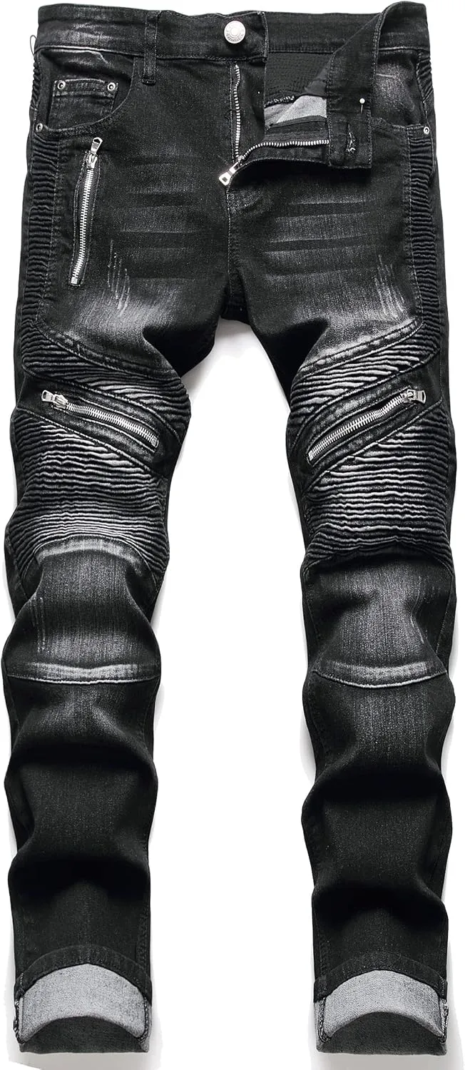 RXXKKK Men's Classic Zipper Biker Regular Fit Flex Jean