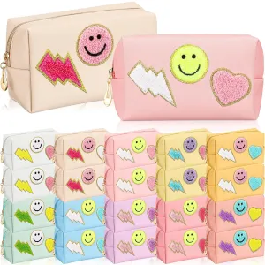 Sanwuta 20 Pcs Preppy Patch Makeup Bag Bulk PU Leather Cosmetic Bags Chenille Letters Organizer Smile Lightning Heart Toiletry Pouch Waterproof Zipper Purse End of the Year Teacher Gifts for Women