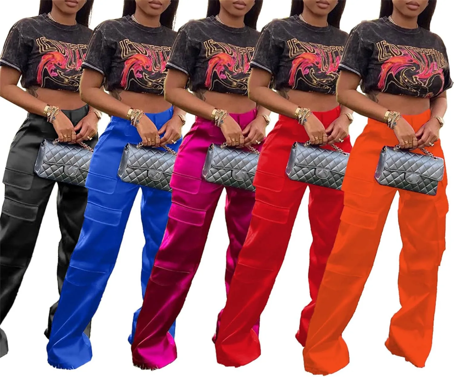 Satin Cargo Pants Womens Y2K High Waisted Straight Leg Trousers Multi-Pocket Cargo Pants Streetwear