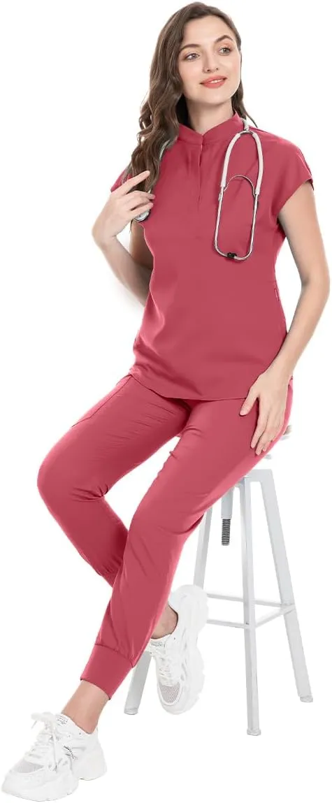 Scrubs for Women Set, Medical Jogger Suit Stretch Top & Pants, with Multi Pocket, for Nurse Esthetician Workwear
