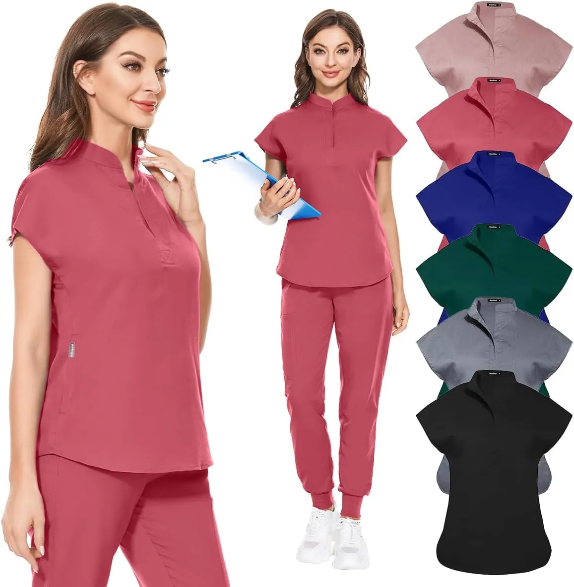 Scrubs for Women Set, Medical Jogger Suit Stretch Top & Pants, with Multi Pocket, for Nurse Esthetician Workwear