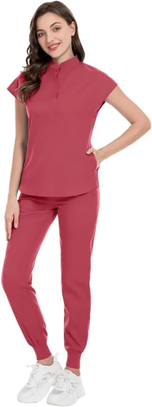 Scrubs for Women Set, Medical Jogger Suit Stretch Top & Pants, with Multi Pocket, for Nurse Esthetician Workwear