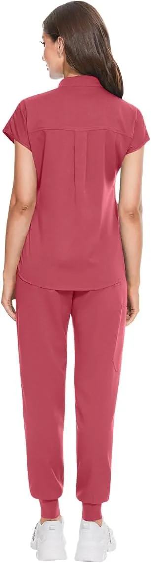 Scrubs for Women Set, Medical Jogger Suit Stretch Top & Pants, with Multi Pocket, for Nurse Esthetician Workwear