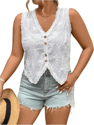 SHENHE Women's Plus Size Lace Trim Floral Embroidered Sleeveless Button Down Blouse Vest Top