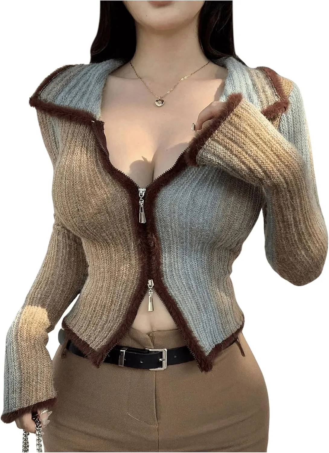 SHENHE Women's Zip Up Cardigan Collared Long Sleeve Fitted Y2k Knit Crop Top Sweater
