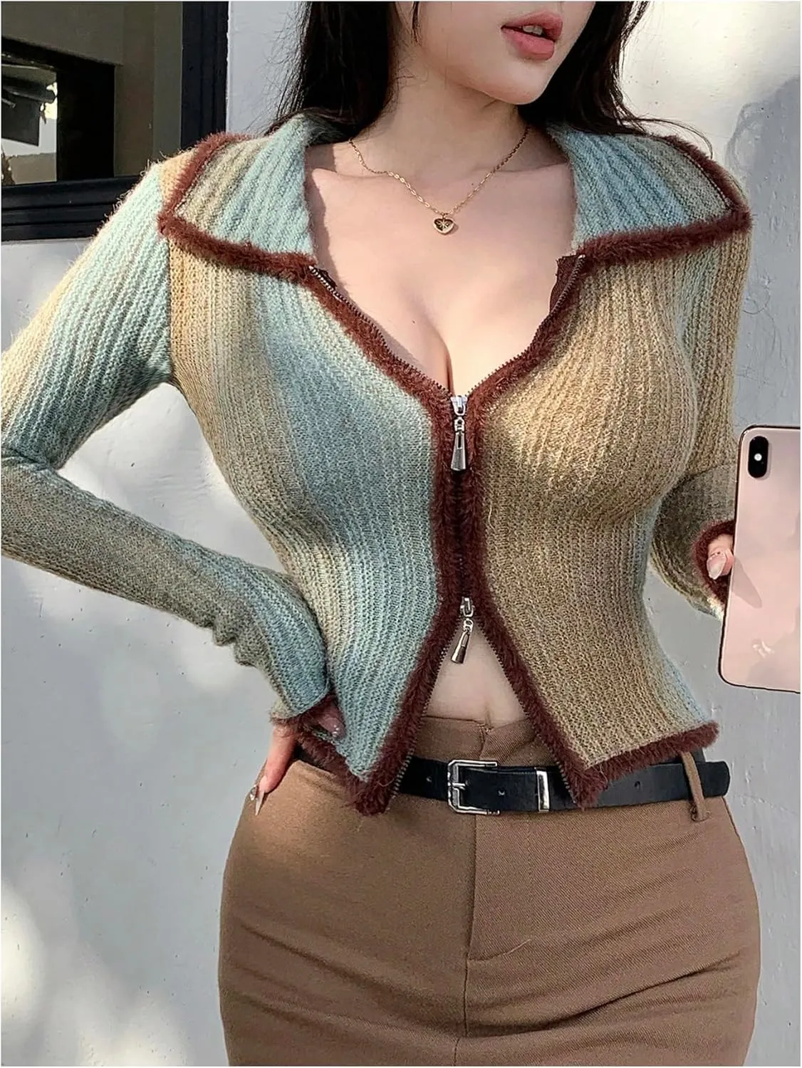 SHENHE Women's Zip Up Cardigan Collared Long Sleeve Fitted Y2k Knit Crop Top Sweater