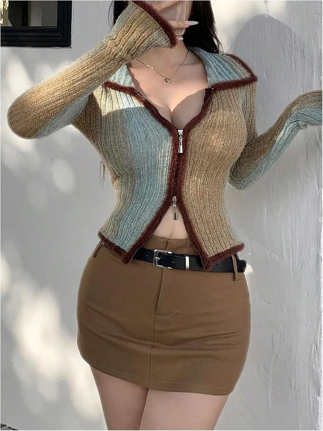 SHENHE Women's Zip Up Cardigan Collared Long Sleeve Fitted Y2k Knit Crop Top Sweater