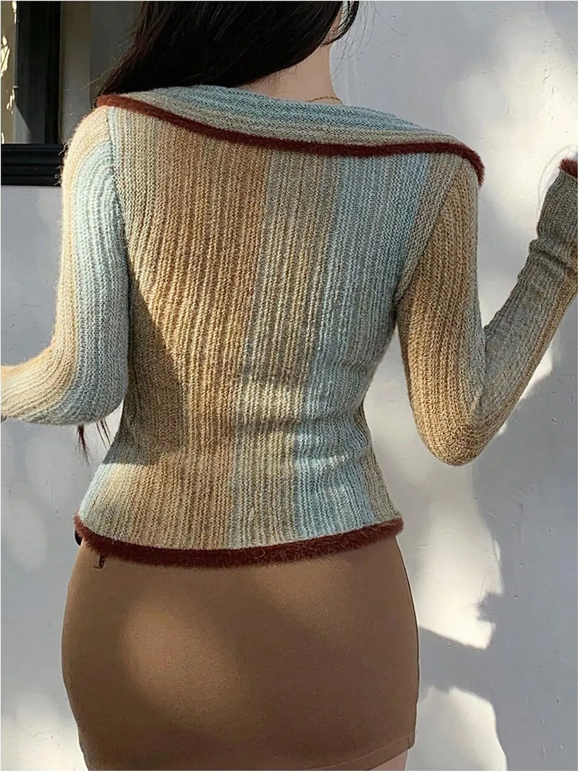 SHENHE Women's Zip Up Cardigan Collared Long Sleeve Fitted Y2k Knit Crop Top Sweater