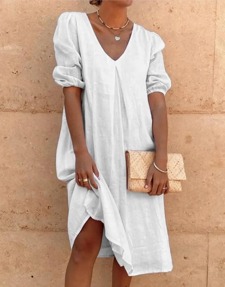 Short Puff Sleeve Cotton Linen Maxi Dress for Women Casual V Neck Solid Color Loose Fit Smocked Midi Dress