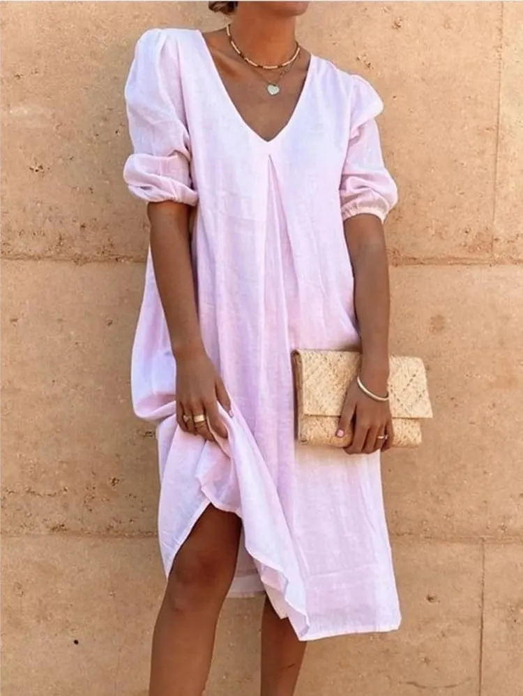 Short Puff Sleeve Cotton Linen Maxi Dress for Women Casual V Neck Solid Color Loose Fit Smocked Midi Dress