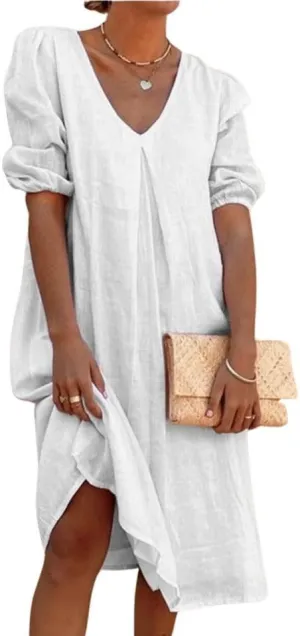 Short Puff Sleeve Cotton Linen Maxi Dress for Women Casual V Neck Solid Color Loose Fit Smocked Midi Dress