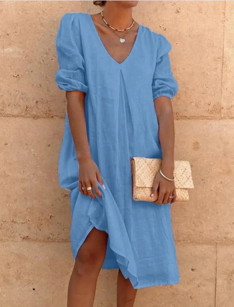 Short Puff Sleeve Cotton Linen Maxi Dress for Women Casual V Neck Solid Color Loose Fit Smocked Midi Dress