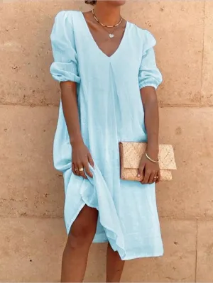 Short Puff Sleeve Cotton Linen Maxi Dress for Women Casual V Neck Solid Color Loose Fit Smocked Midi Dress