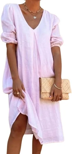 Short Puff Sleeve Cotton Linen Maxi Dress for Women Casual V Neck Solid Color Loose Fit Smocked Midi Dress