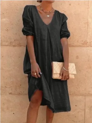 Short Puff Sleeve Cotton Linen Maxi Dress for Women Casual V Neck Solid Color Loose Fit Smocked Midi Dress