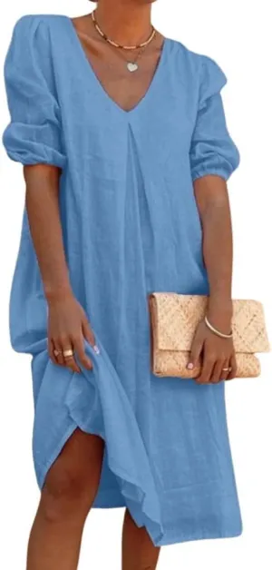 Short Puff Sleeve Cotton Linen Maxi Dress for Women Casual V Neck Solid Color Loose Fit Smocked Midi Dress