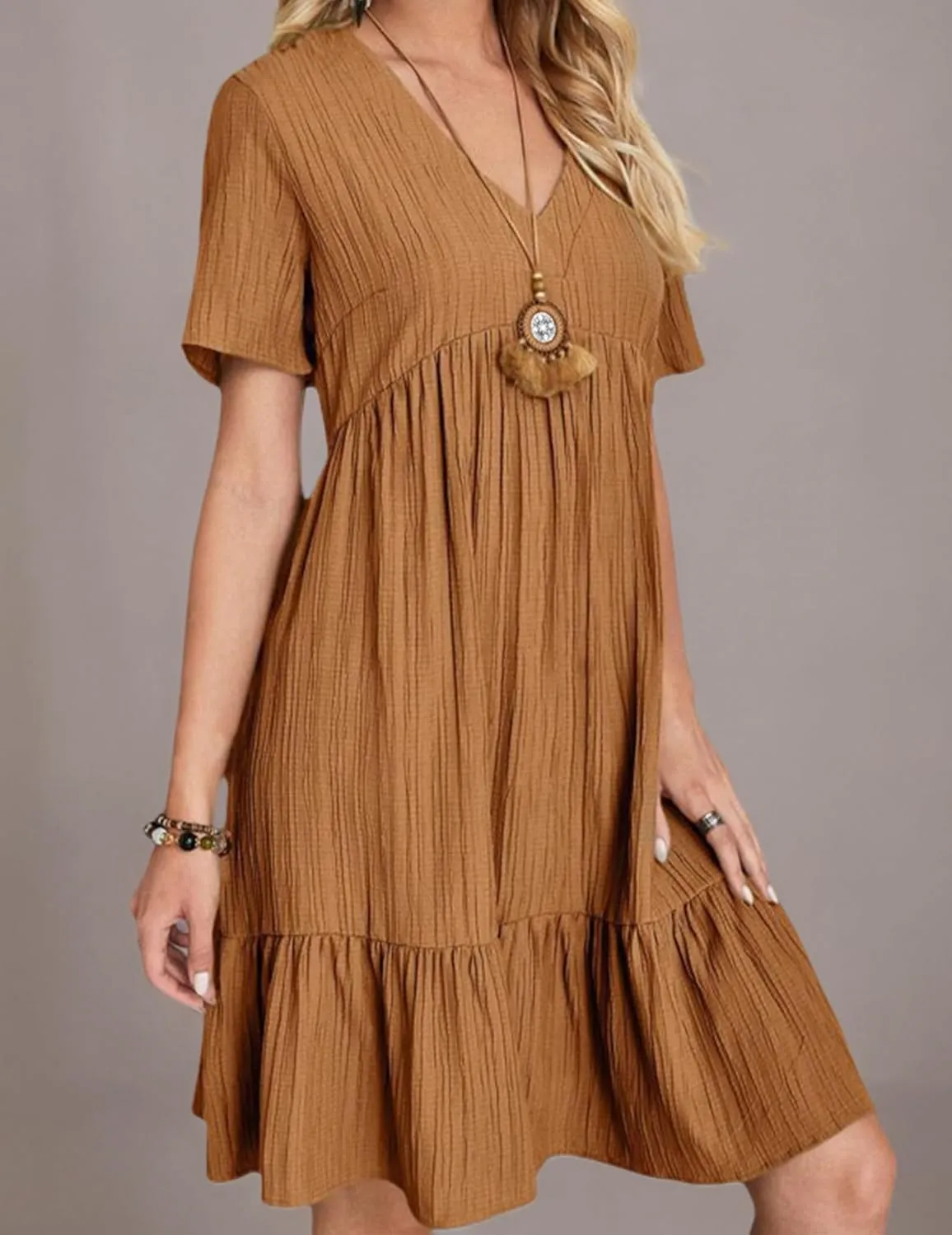 Short Sleeve Empire Waist Ruffle Midi Dress for Women Loose Casual V Neck Tiered Flowy Mini Short Dresses