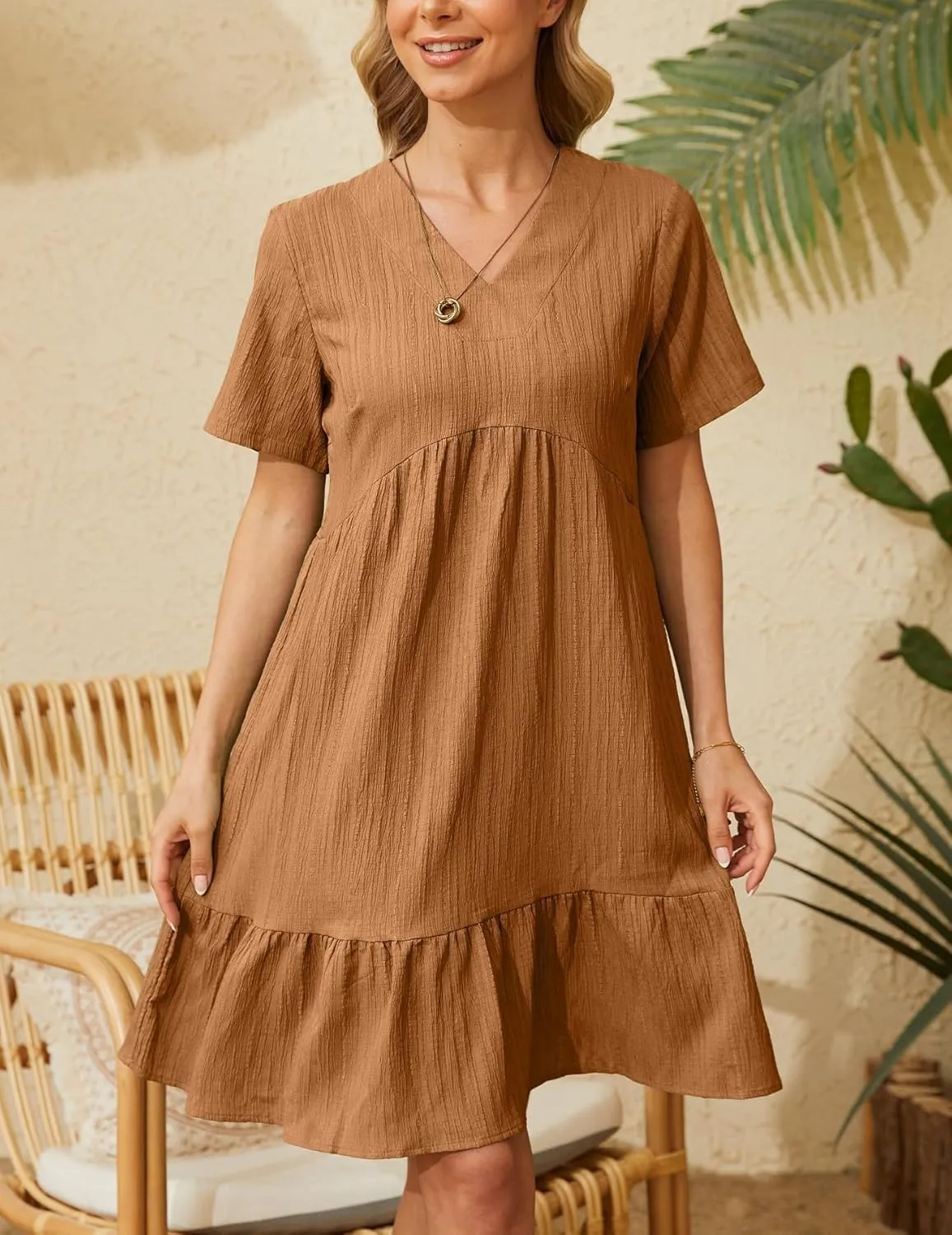 Short Sleeve Empire Waist Ruffle Midi Dress for Women Loose Casual V Neck Tiered Flowy Mini Short Dresses
