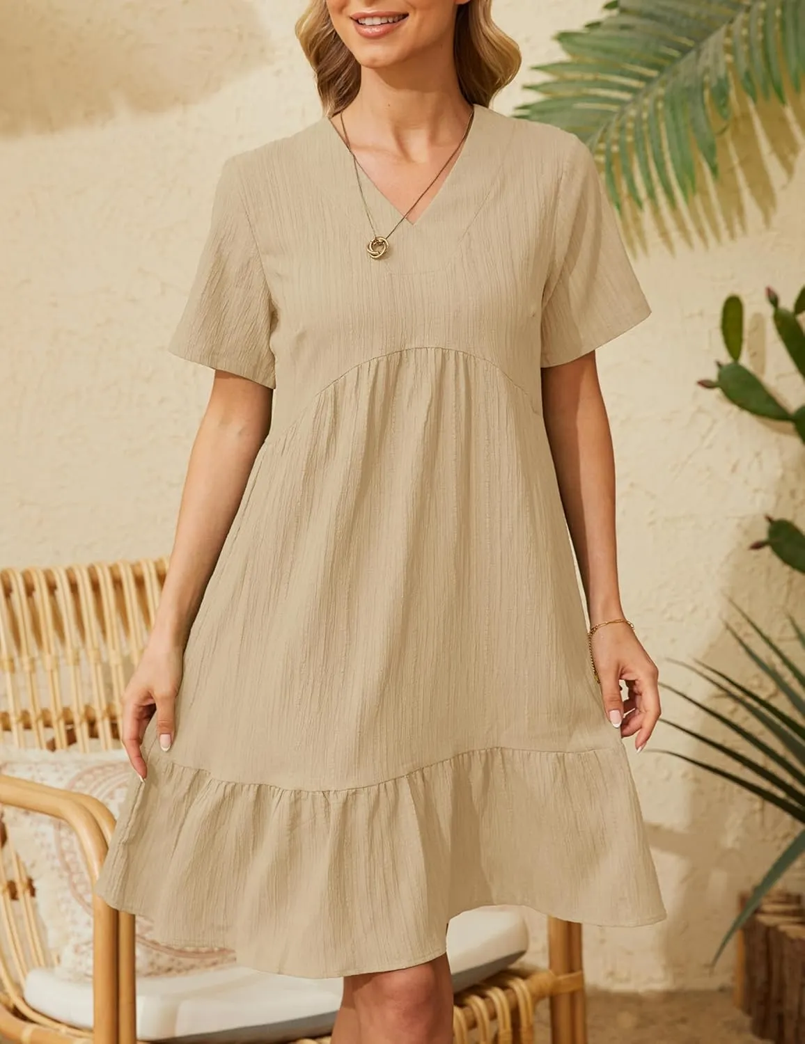Short Sleeve Empire Waist Ruffle Midi Dress for Women Loose Casual V Neck Tiered Flowy Mini Short Dresses