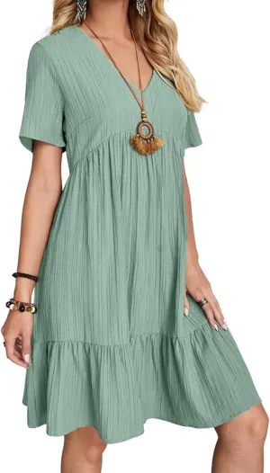 Short Sleeve Empire Waist Ruffle Midi Dress for Women Loose Casual V Neck Tiered Flowy Mini Short Dresses
