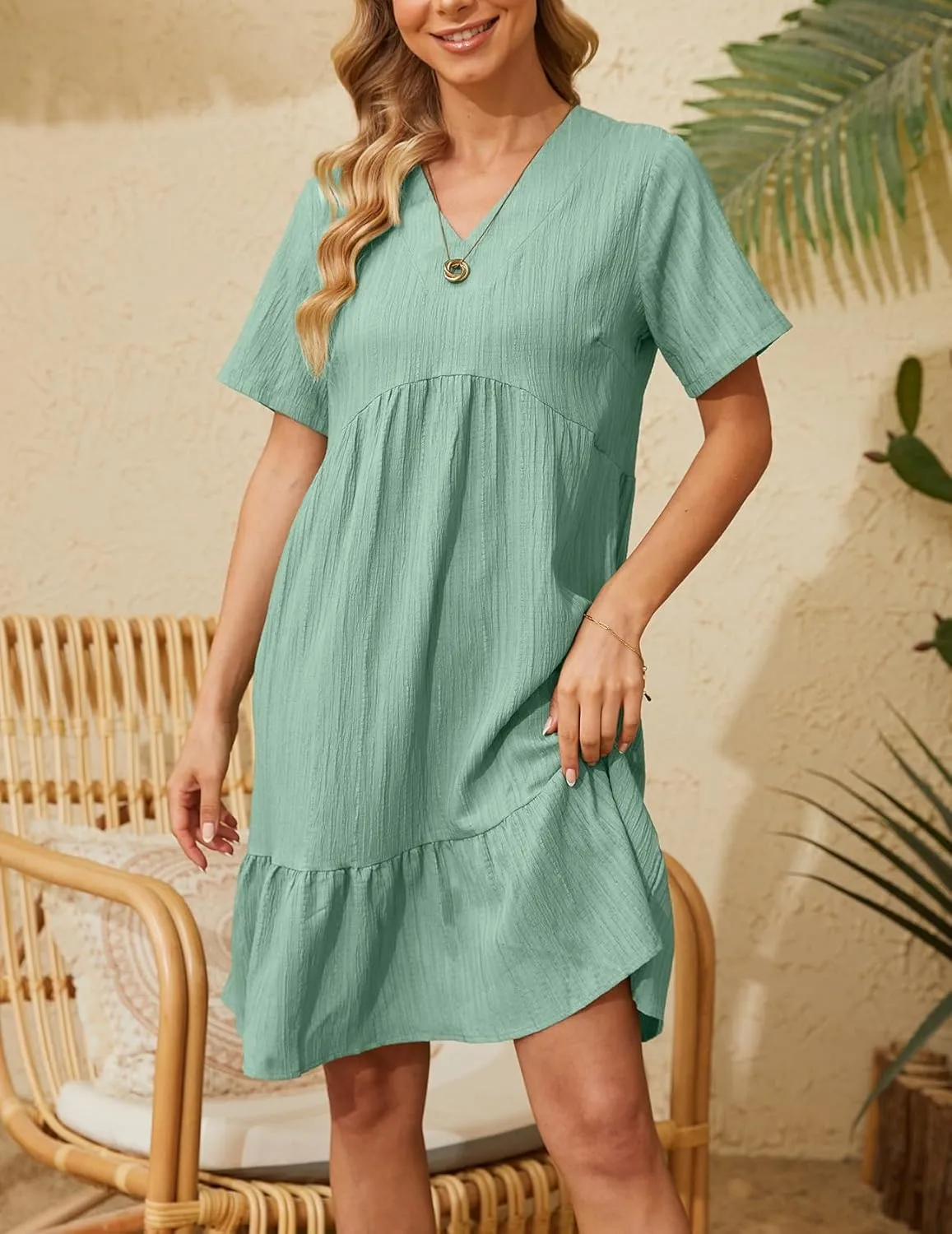 Short Sleeve Empire Waist Ruffle Midi Dress for Women Loose Casual V Neck Tiered Flowy Mini Short Dresses