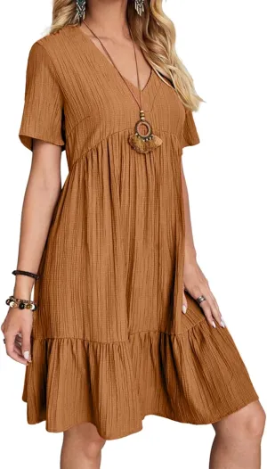 Short Sleeve Empire Waist Ruffle Midi Dress for Women Loose Casual V Neck Tiered Flowy Mini Short Dresses