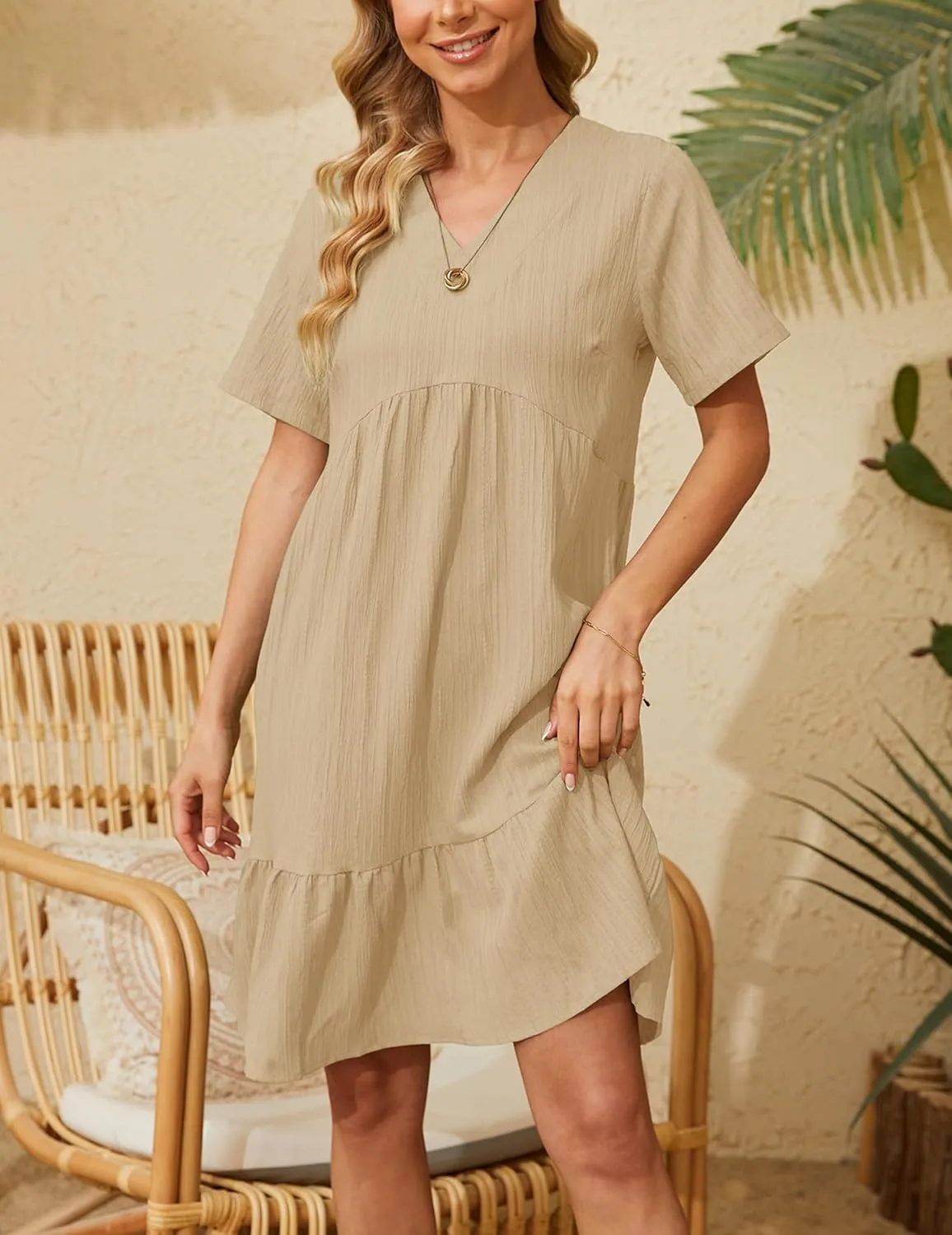 Short Sleeve Empire Waist Ruffle Midi Dress for Women Loose Casual V Neck Tiered Flowy Mini Short Dresses