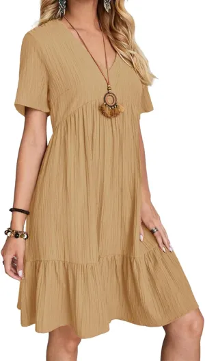 Short Sleeve Empire Waist Ruffle Midi Dress for Women Loose Casual V Neck Tiered Flowy Mini Short Dresses