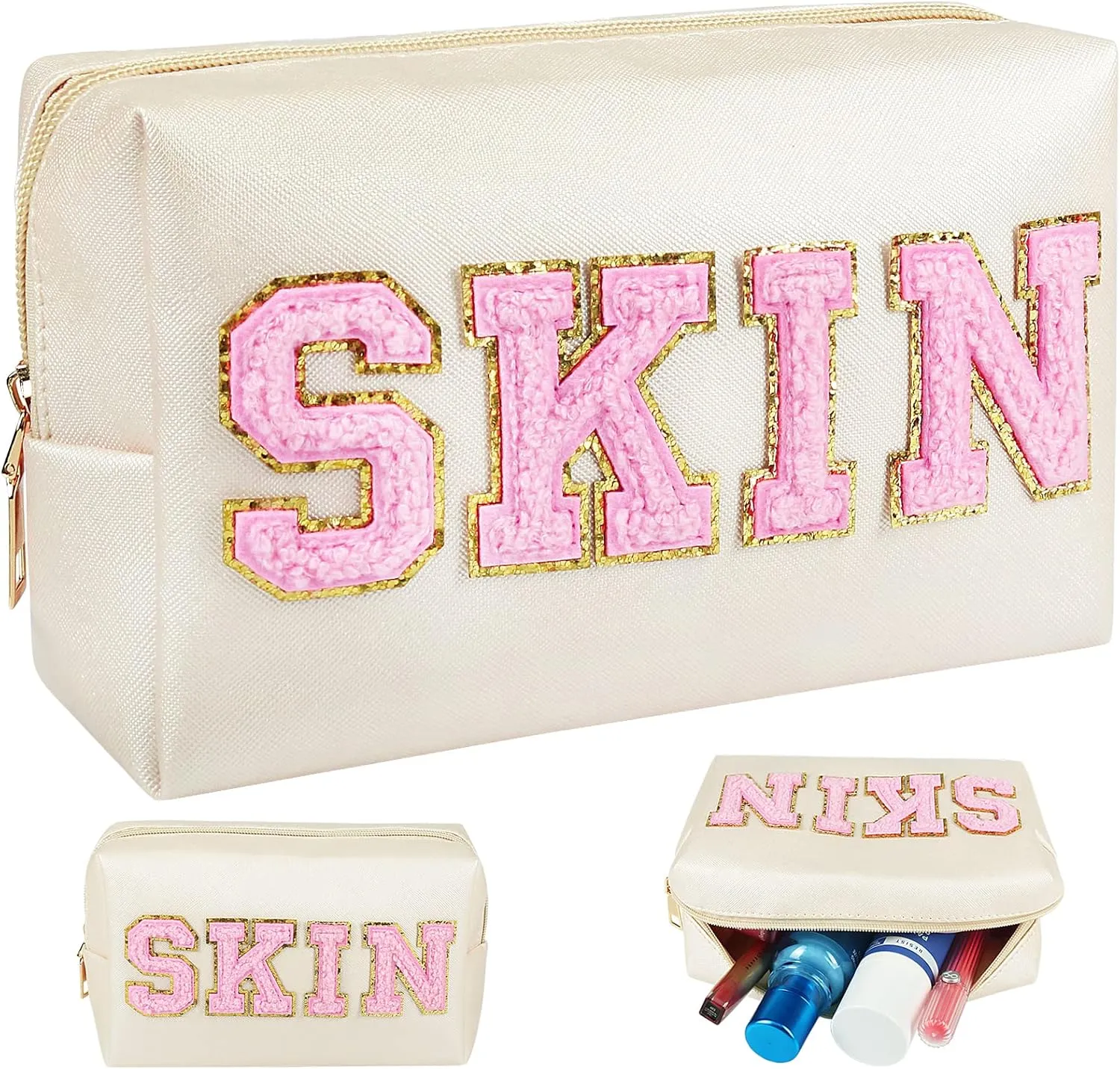 Skin Makeup Bag, Skin Care Cosmetic Toiletry Bag, Preppy Makeup bag,Portable Makeup Zipper Pouch Storage Purse, PU Leather Skincare Organizer Bag for Travel Daily Use
