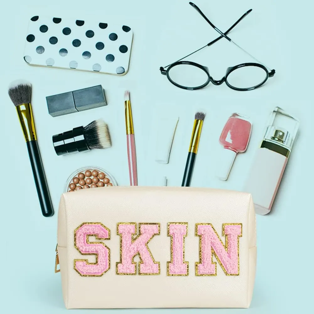 Skin Makeup Bag, Skin Care Cosmetic Toiletry Bag, Preppy Makeup bag,Portable Makeup Zipper Pouch Storage Purse, PU Leather Skincare Organizer Bag for Travel Daily Use