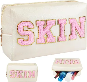 Skin Makeup Bag, Skin Care Cosmetic Toiletry Bag, Preppy Makeup bag,Portable Makeup Zipper Pouch Storage Purse, PU Leather Skincare Organizer Bag for Travel Daily Use