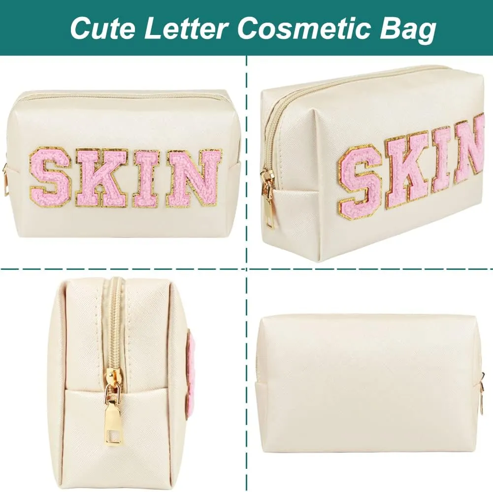 Skin Makeup Bag, Skin Care Cosmetic Toiletry Bag, Preppy Makeup bag,Portable Makeup Zipper Pouch Storage Purse, PU Leather Skincare Organizer Bag for Travel Daily Use