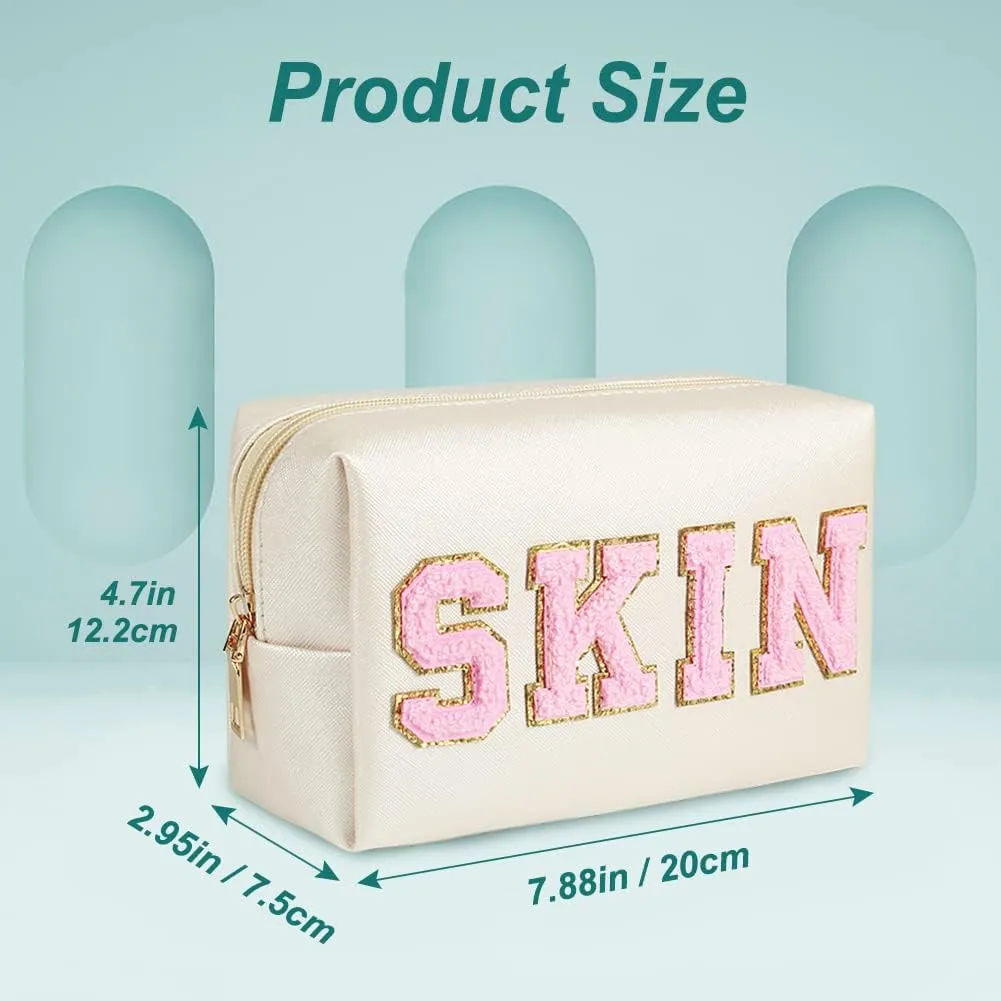 Skin Makeup Bag, Skin Care Cosmetic Toiletry Bag, Preppy Makeup bag,Portable Makeup Zipper Pouch Storage Purse, PU Leather Skincare Organizer Bag for Travel Daily Use