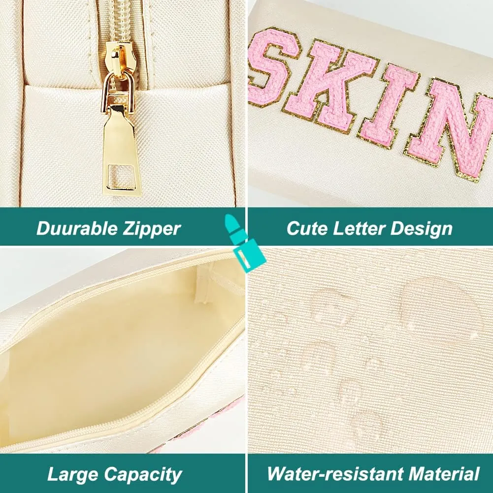 Skin Makeup Bag, Skin Care Cosmetic Toiletry Bag, Preppy Makeup bag,Portable Makeup Zipper Pouch Storage Purse, PU Leather Skincare Organizer Bag for Travel Daily Use