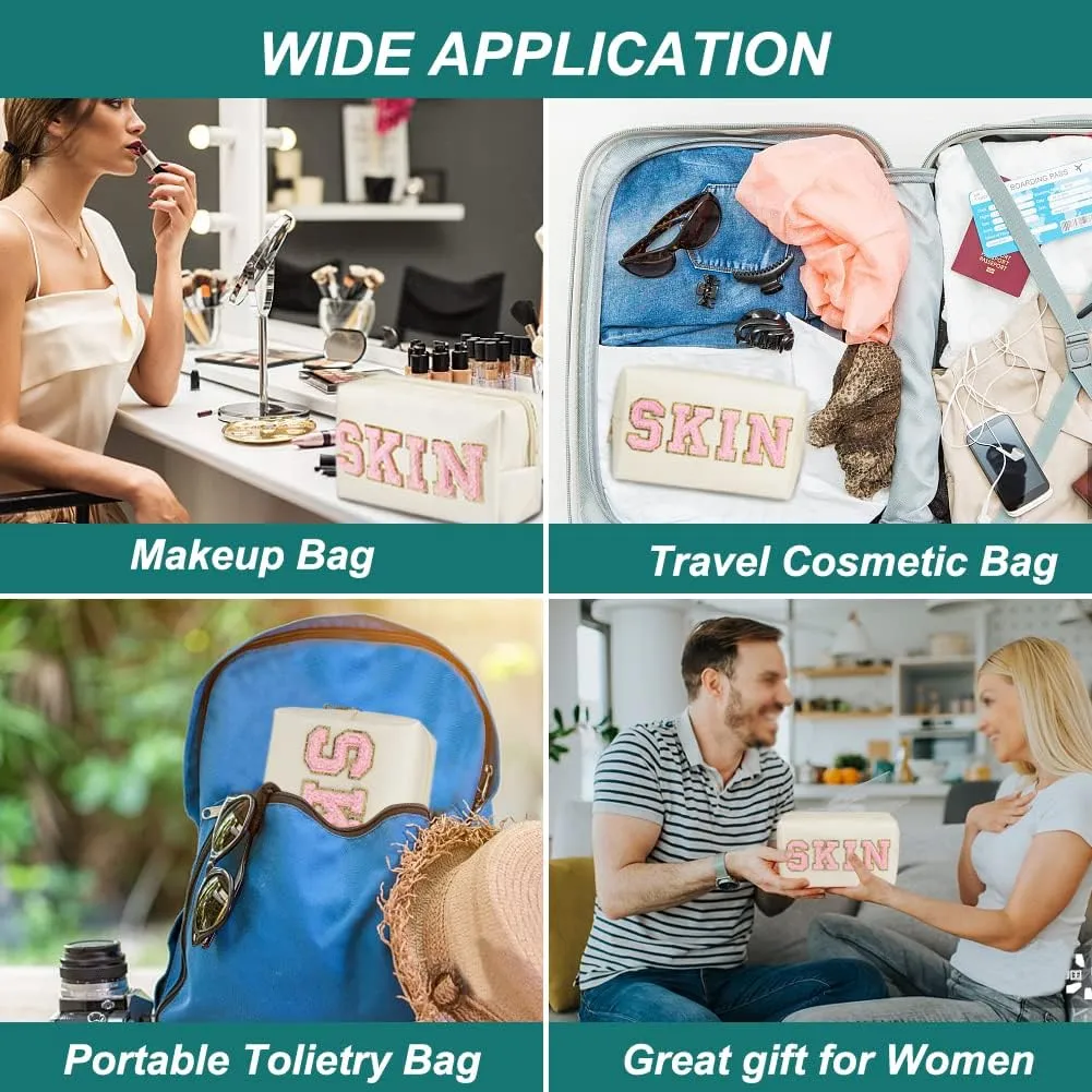 Skin Makeup Bag, Skin Care Cosmetic Toiletry Bag, Preppy Makeup bag,Portable Makeup Zipper Pouch Storage Purse, PU Leather Skincare Organizer Bag for Travel Daily Use