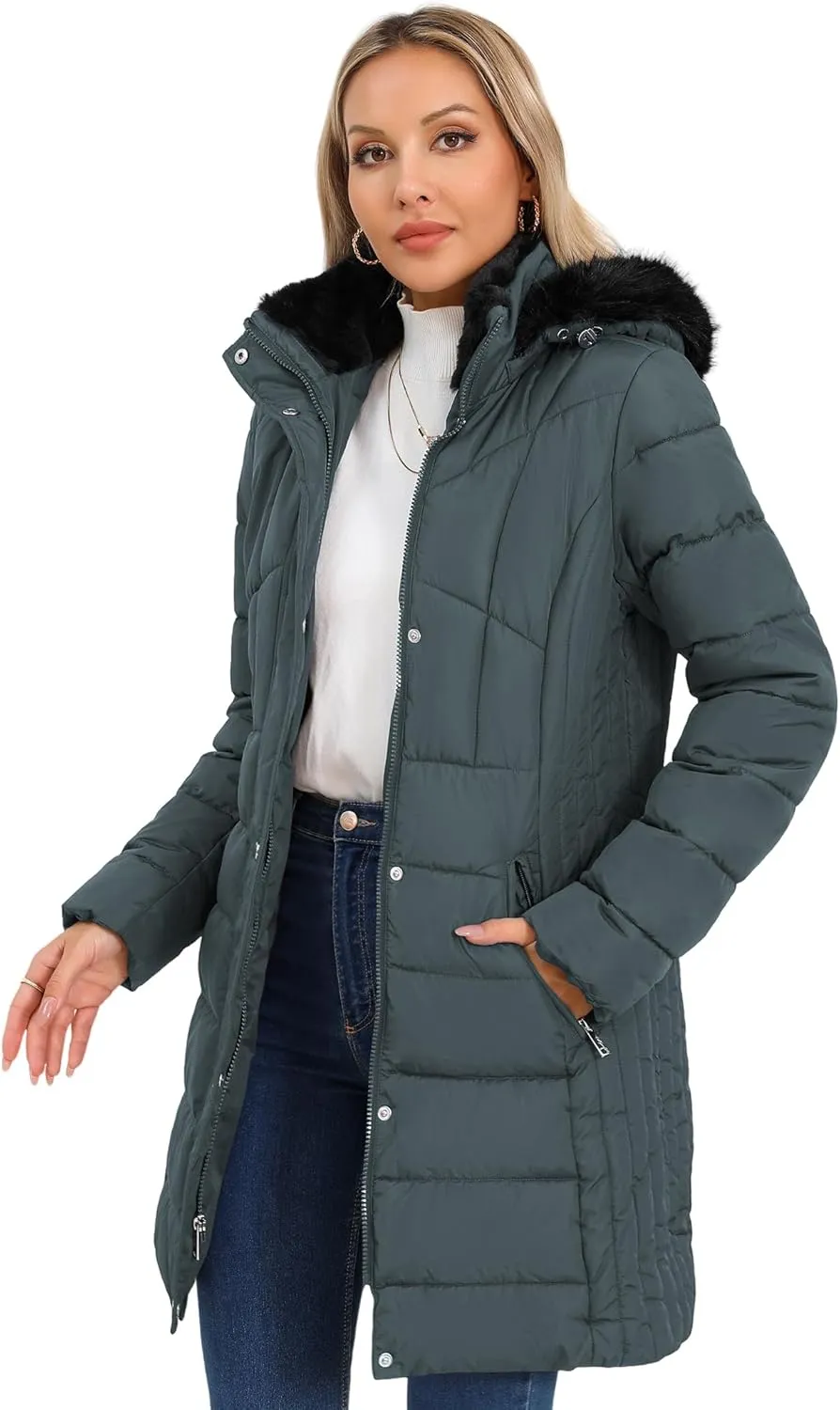 SLOWTOWN Women's Long Puffer Coat Thickened Winter Coat Warm Puffy Jacket with Detachable Hood