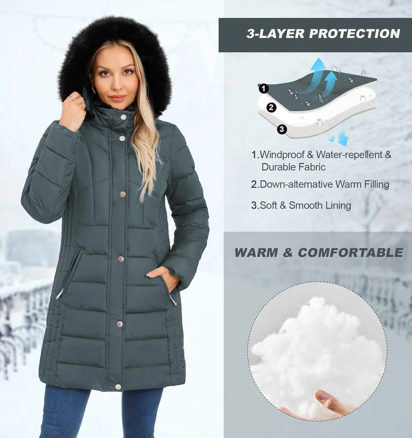 SLOWTOWN Women's Long Puffer Coat Thickened Winter Coat Warm Puffy Jacket with Detachable Hood