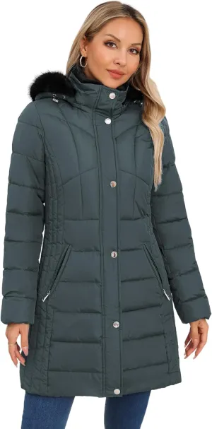 SLOWTOWN Women's Long Puffer Coat Thickened Winter Coat Warm Puffy Jacket with Detachable Hood