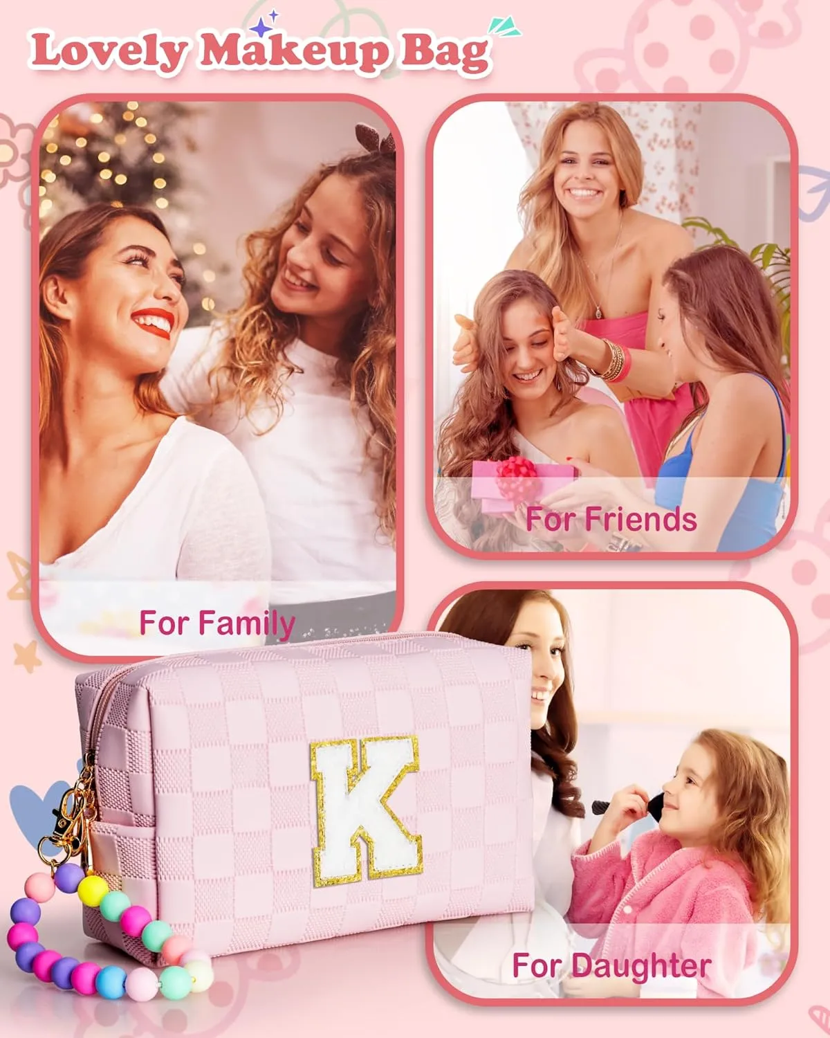 Small Makeup Bag, Chenille Letter Pouch Cosmetic Bag With Zipper, PU Leather Toiletry Bag, Personalized Birthday Gift For Teenage Girl Kids, Cute Stuff For Girls (Letter D)