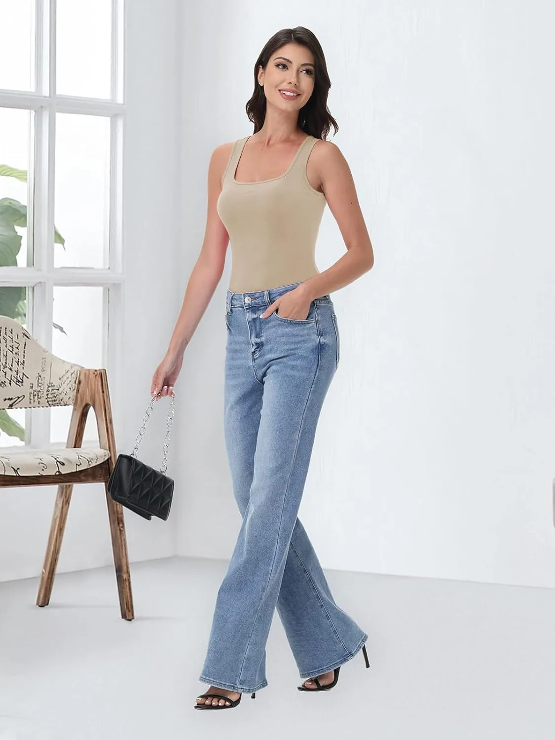 SMENG Womens Square Neck Tank Top Women Ribbed Slimt Fit Sleeveless Casual Summer Shirts