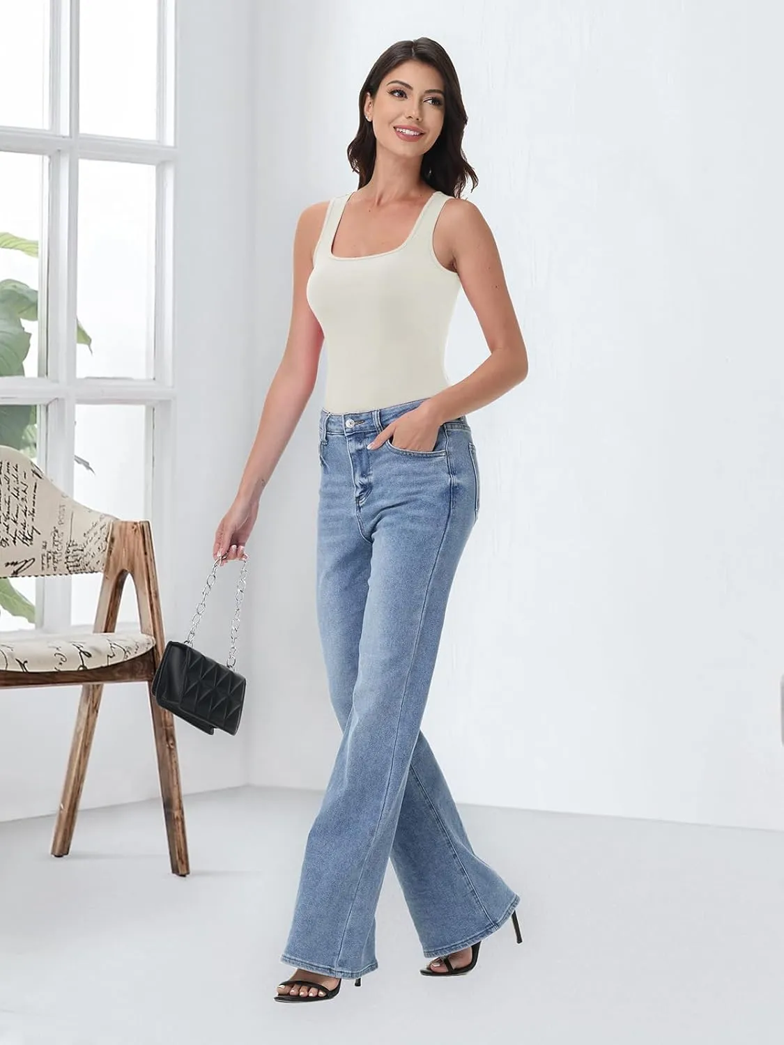 SMENG Womens Square Neck Tank Top Women Ribbed Slimt Fit Sleeveless Casual Summer Shirts