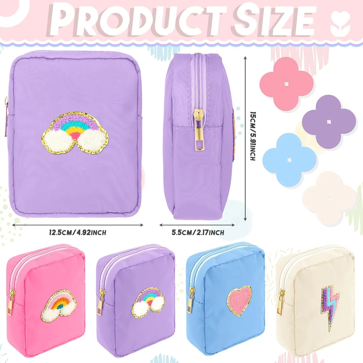 Spiareal 4 Pcs Preppy Patch Makeup Bag Cute Chenille Letter Pouch Cosmetic Makeup Cases Toiletry Bag with Zipper Travel Organizer Stuff Skincare Bags for Women Nurse(Heart)