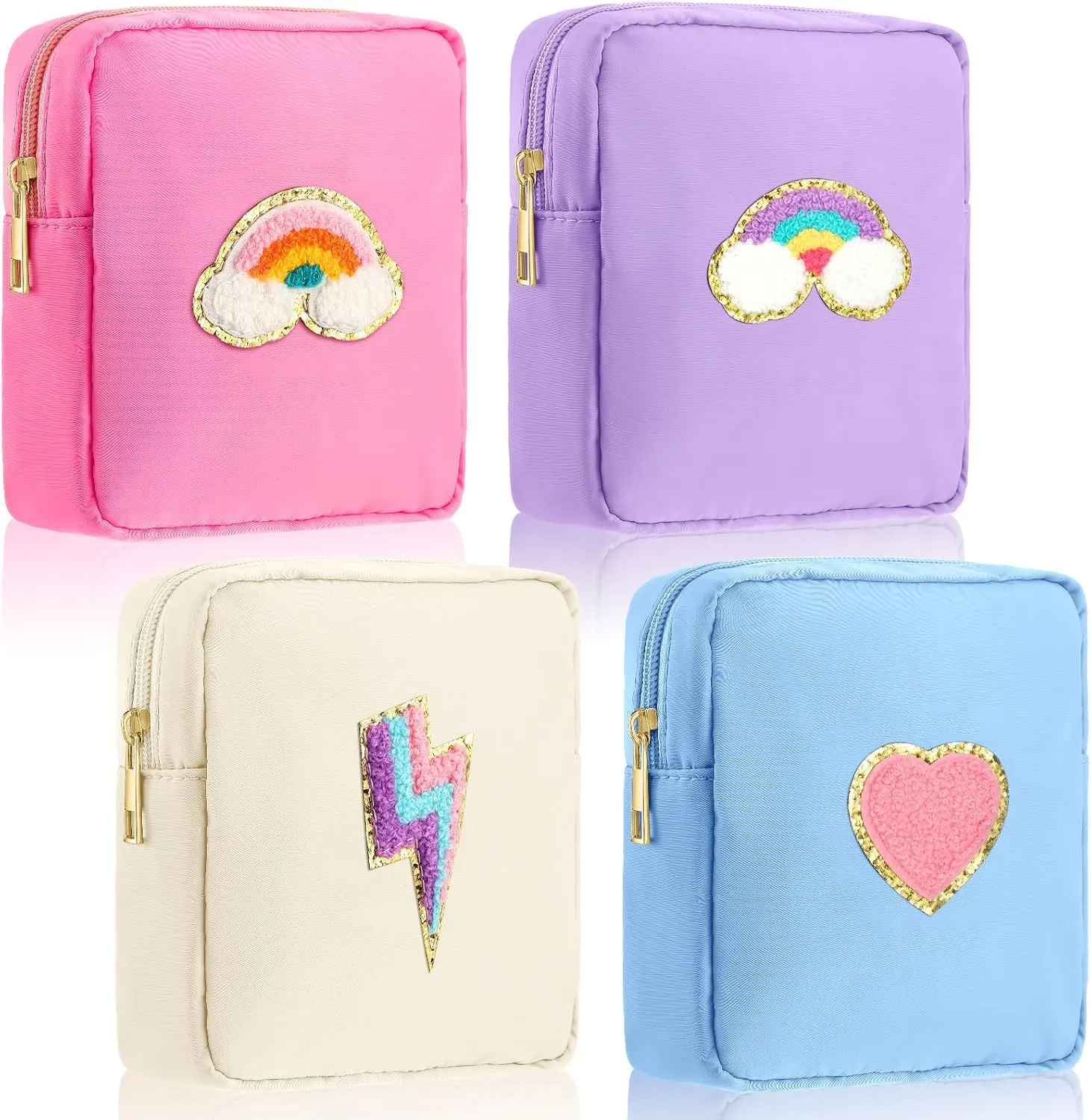 Spiareal 4 Pcs Preppy Patch Makeup Bag Cute Chenille Letter Pouch Cosmetic Makeup Cases Toiletry Bag with Zipper Travel Organizer Stuff Skincare Bags for Women Nurse(Heart)
