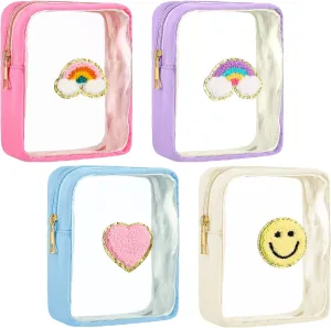 Spiareal 4 Pcs Preppy Patch Makeup Bag Cute Chenille Letter Pouch Cosmetic Toiletry Bag with Zipper Travel Organizer Stuff Skincare Cases for Women Nurse Graduation(Transparent Surface)